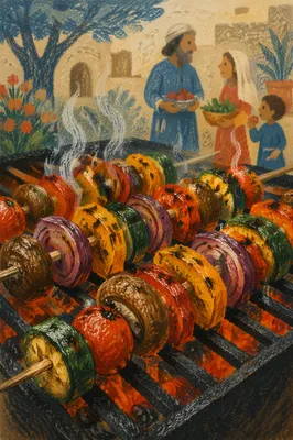 Grilled Vegetable Skewers on Rustic Barbecue