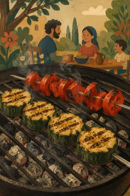 Grilled Vegetable Skewers on Charcoal Barbecue