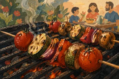 Close-Up Grilled Vegetable Skewers on Barbecue