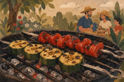 Close-Up Grilled Vegetable Skewers on Barbecue