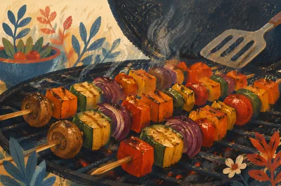 Close-Up Grilled Vegetable Skewers on Barbecue