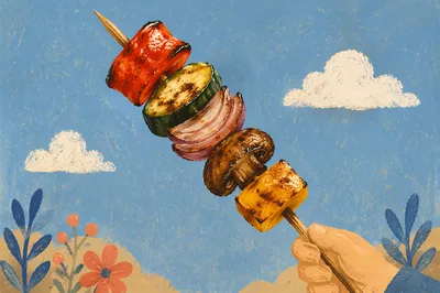 Colorful Grilled Vegetable Skewers Against Summer Sky
