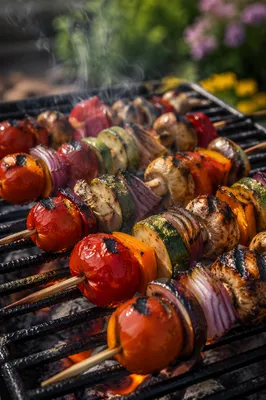 Close-Up Grilled Vegetable Skewers on Barbecue
