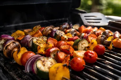 Close-Up Grilled Vegetable Skewers on Barbecue