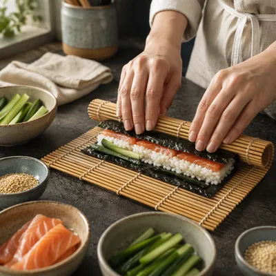 Hand Rolling Sushi on Bamboo Mat