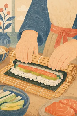Artisanal Sushi Rolling on Bamboo Mat