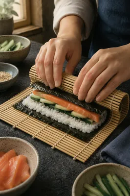 Close-Up Sushi Rolling on Bamboo Mat