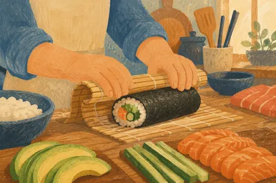 Hands Rolling Homemade Sushi on Bamboo Mat