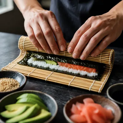 Close-Up Sushi Rolling on Bamboo Mat