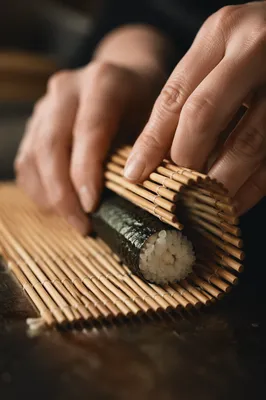 Hands Rolling Sushi on Bamboo Mat