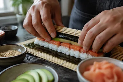 Hands Rolling Fresh Sushi Close Up