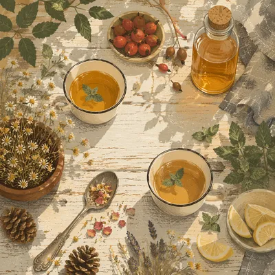 Rustic Herbal Tea Flat Lay with Dried Flowers