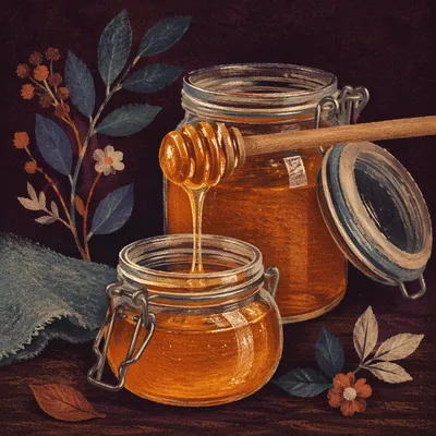 Golden Honey Dripping Into Glass Jar