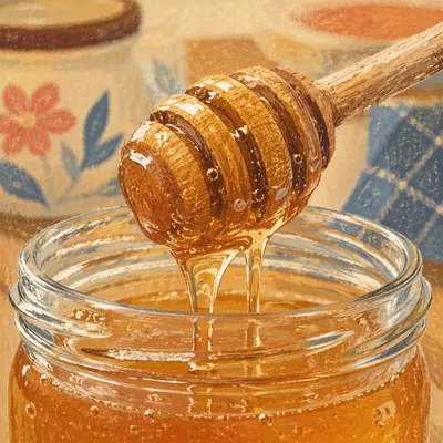 Golden Honey Dripping from Wooden Dipper