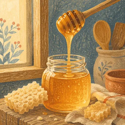 Golden Honey Dripping Into Glass Jar