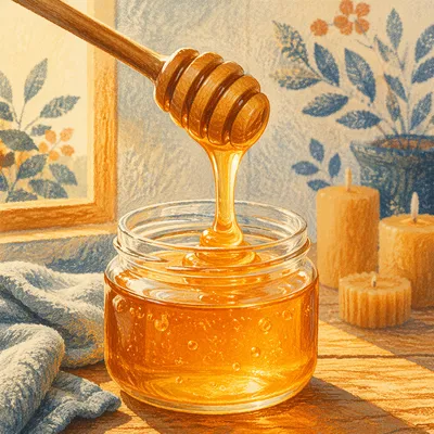 Golden Honey Dripping Into Glass Jar