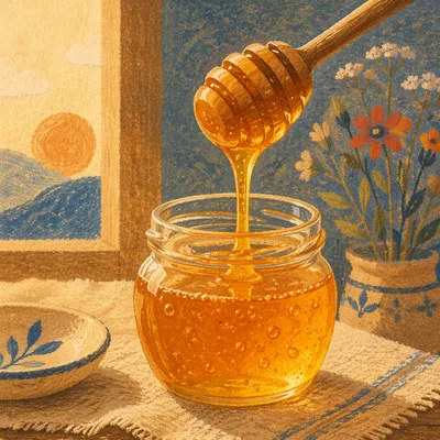 Golden Honey Dripping Into Glass Jar