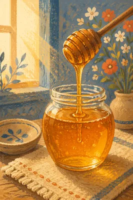 Golden Honey Dripping Into Glass Jar
