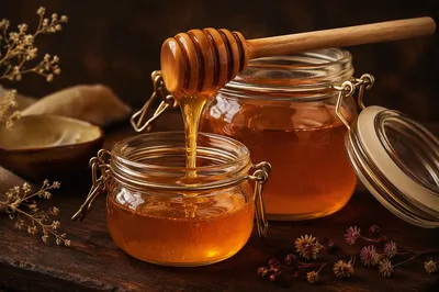 Golden Honey Dripping Into Glass Jar