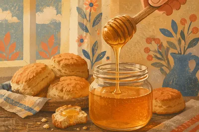 Golden Honey Dripping Into Rustic Glass Jar
