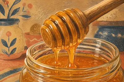 Golden Honey Dipper Over Glass Jar