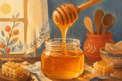 Golden Honey Dripping Into Glass Jar