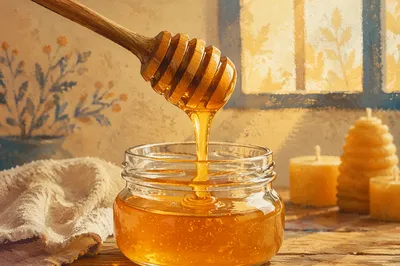 Golden Honey Dripping Into Glass Jar
