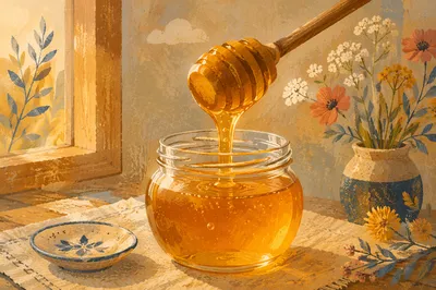 Golden Honey Dripping Into Glass Jar