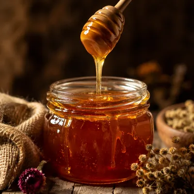 Golden Honey Dripping Into Rustic Glass Jar