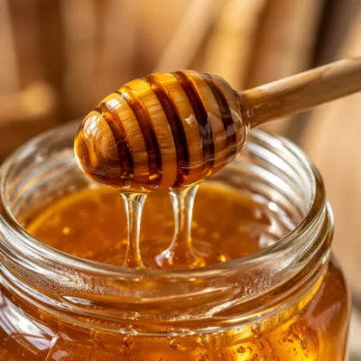 Golden Honey Dripping Into Glass Jar