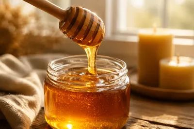 Golden Honey Dripping into Glass Jar