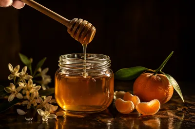 Golden Honey Dripping Into Glass Jar
