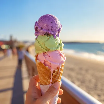 Colorful Ice Cream Cone on Sunny Boardwalk
