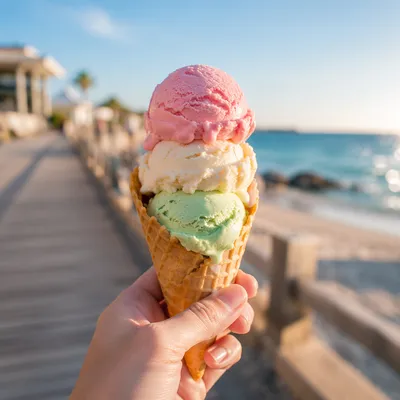 Colorful Summer Ice Cream Cone by Seaside