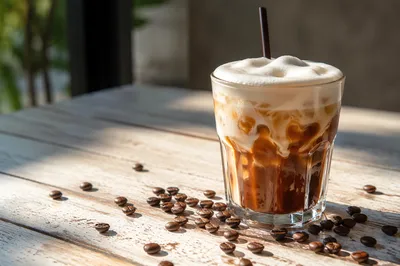 Iced Coffee With Cream Swirl on Rustic Table