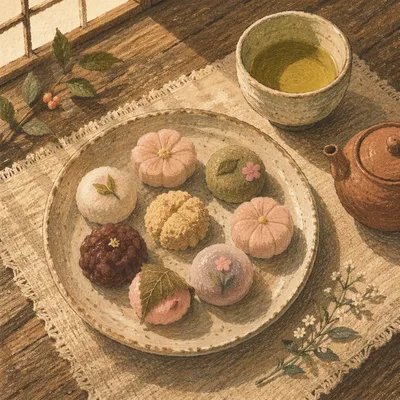 Traditional Japanese Wagashi Tea Ceremony Still Life