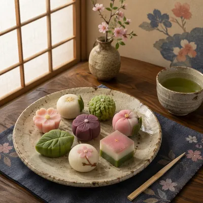 Japanese Wagashi Sweets on Ceramic Plate