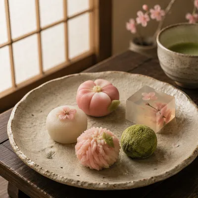Japanese Wagashi Sweets on Ceramic Plate