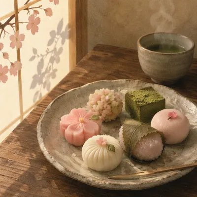 Japanese Wagashi Sweets in Serene Tea Room