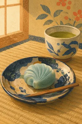 Japanese Wagashi Sweet on Ceramic Plate
