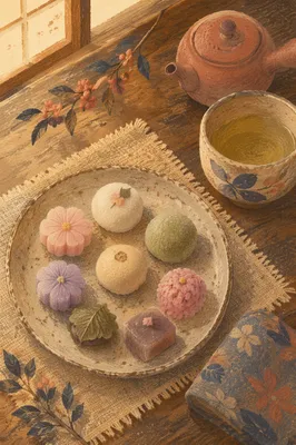 Traditional Japanese Wagashi Tea Ceremony Still Life