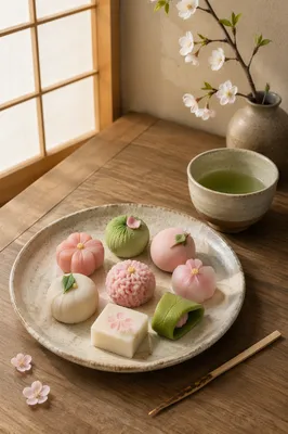 Japanese Wagashi Sweets on Ceramic Plate