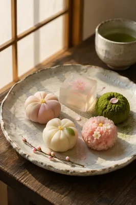 Japanese Wagashi Sweets on Ceramic Plate