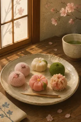Japanese Wagashi Sweets in Quiet Tea Room