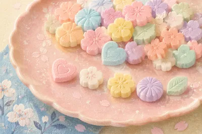 Pastel Japanese Wagashi on Pink Ceramic Plate