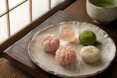 Japanese Wagashi Sweets on Ceramic Plate