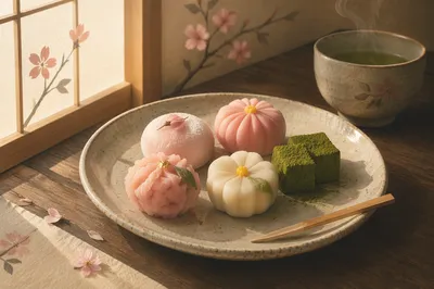 Japanese Wagashi Sweets in Serene Tea Room