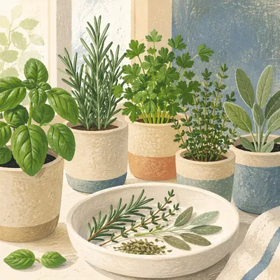 Fresh Kitchen Herbs on Bright Windowsill