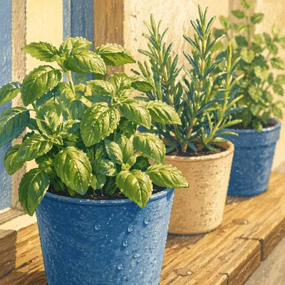 Sunlit Basil and Rosemary Windowsill Pots