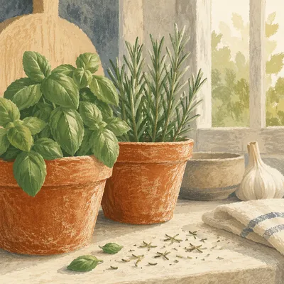 Sunlit Basil and Rosemary on Windowsill